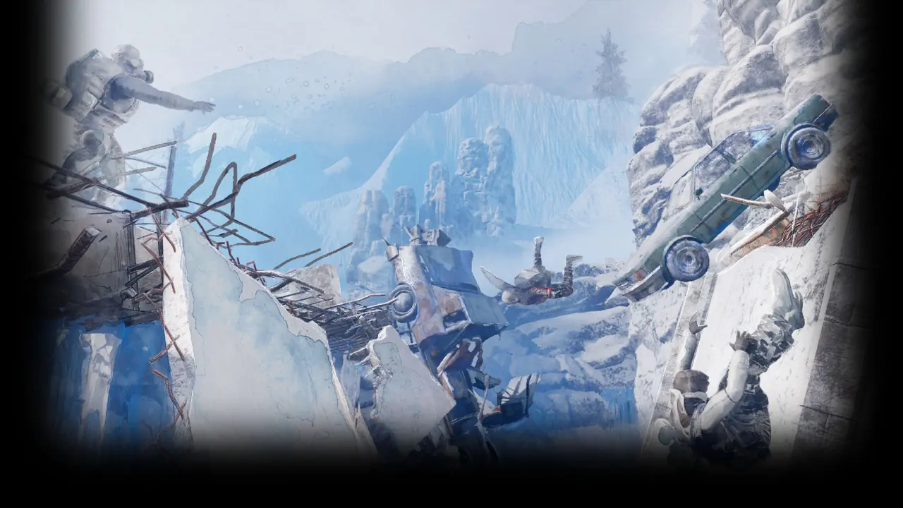 Official Permafrost The Collapse artwork of survivors and wrecked vehicles amid ice-covered ruins